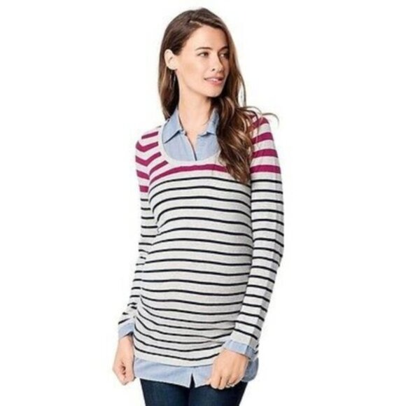 Oh Baby Motherhood Maternity Womens Blue Striped Mock Layer Sweater Sz L New - Picture 1 of 8
